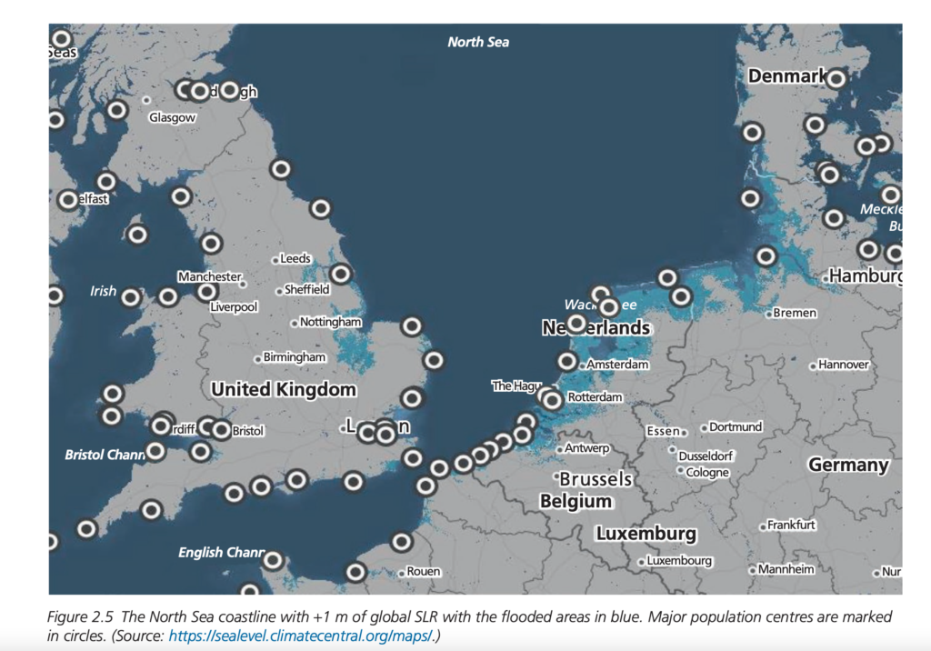 Figure 2.5 The North Sea coastline with +1 m of global SLR with the flooded areas in blue. Major population centres are marked in circles. (Source: https://sealevel.climatecentral.org/maps/.)